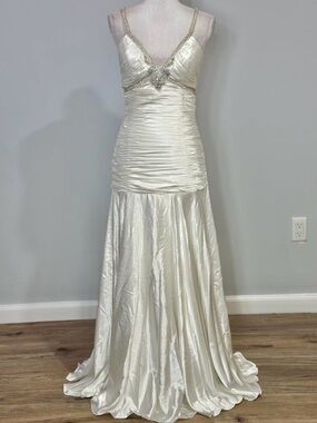 Ivory Satin Beaded Spaghetti Strap Gown